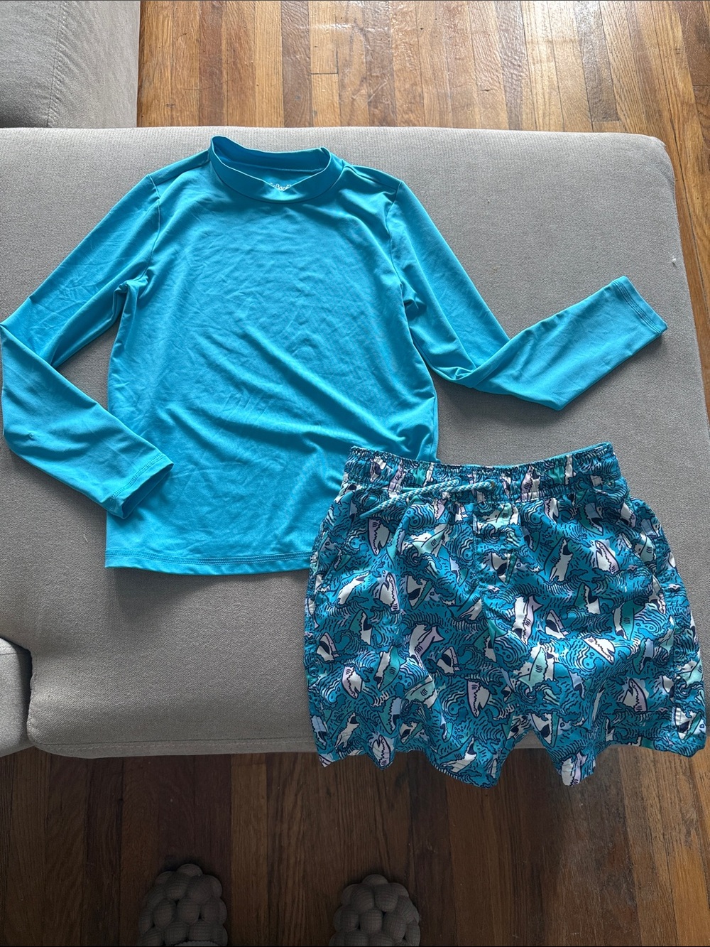 Cat & Jack Turquoise Long-Sleeve Rash Guard with Shark-Print Swim Shorts